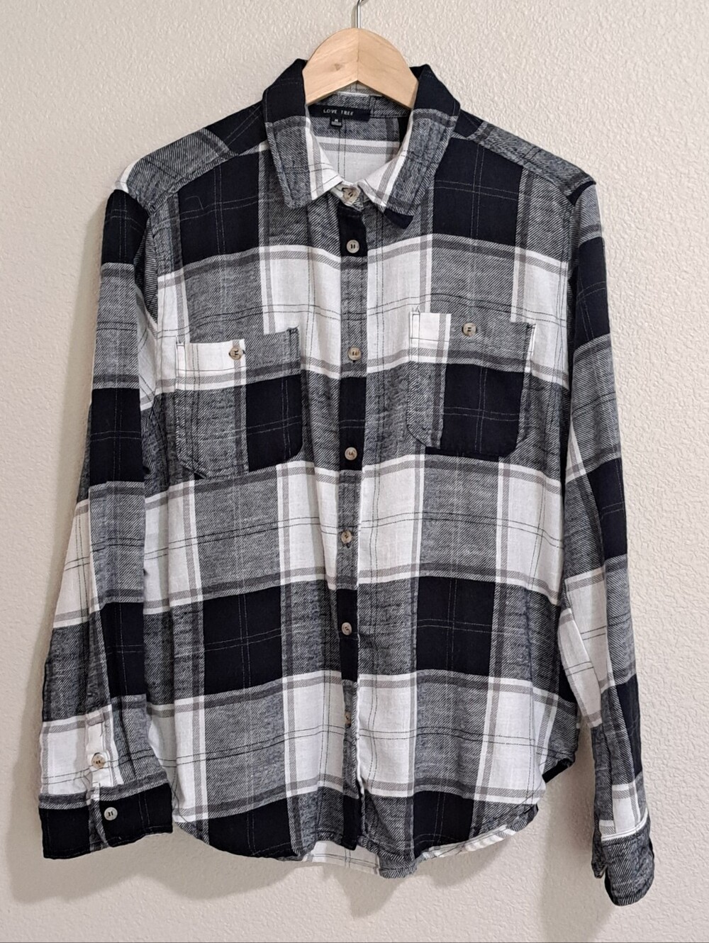 Love Tree Plaid Flannel Roll Tab Sleeve Shirt